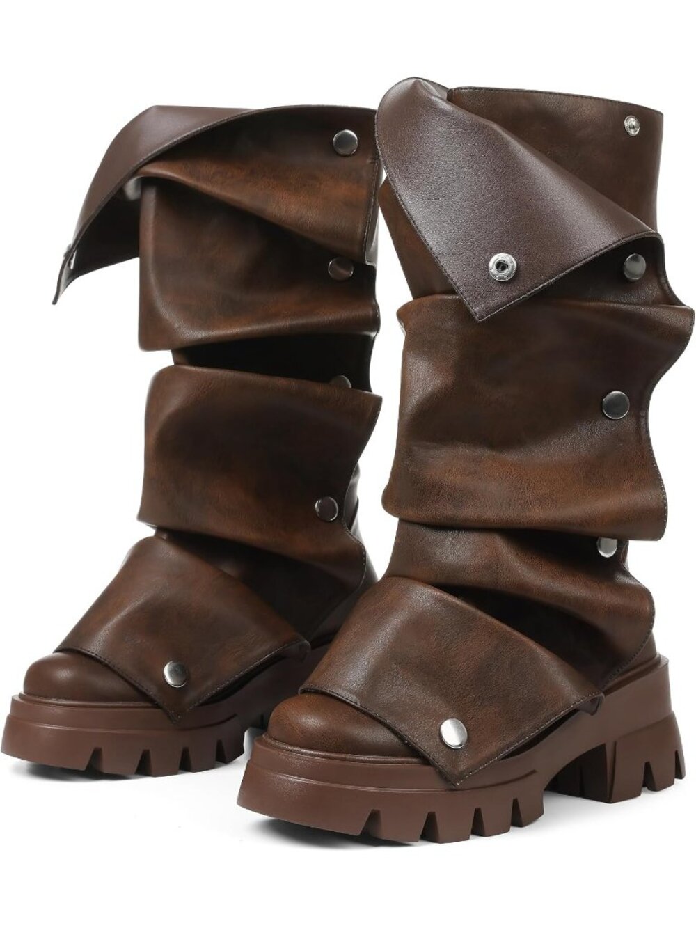 Women's Brown Slouchy Fold Over Fashion Chunky Heel Non-Slip Wide Calf Boots